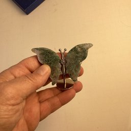 Natural Stone Butterfly Carving, Moss Agate Wings, Metal Stand