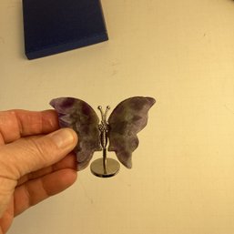 Natural Stone Butterfly Carving, Amethyst Wings, Metal Stand