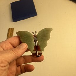 Natural Stone Butterfly Carving, Green Aventurine Wings, Metal Stand