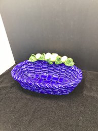 Large Bright Blue Ceramic Fruit Basket With Lemons, Italy