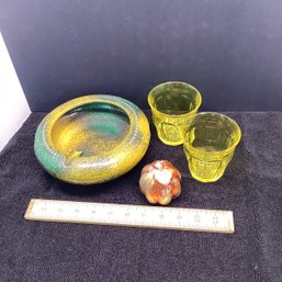 Vintage Greens, Yellow, Chartreuse Lot, Ceramic Planter, Bright Yellow Glasses
