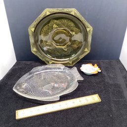 Vintage Lot With Clear Glass Fish Platter, Amber Dep. Glass Plate, Porcelain Fish Trinket Dish
