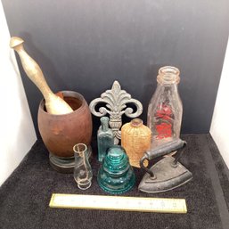Antique And Primitives Lot, Sad Iron, Bottles, Mortar And Pestle, Etc.