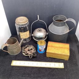 Antique And Primitives Lot, Mince Meat Jar, Tin Ware, Box, Etc.