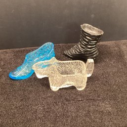 2 Vintage Glass Shoes And Glass Dog Candy Container