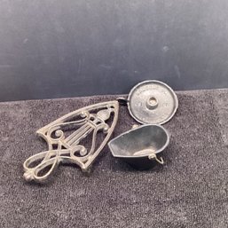 3 Pc Antique Iron Lot, Ornate Trivet, Souvenir Tiny Candle Holder, Ash Bucket