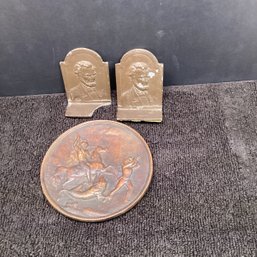 Vintage Metal Lot, Raised Relief Dish Hunting Scene, Small Lincoln Bookends (see Pics)