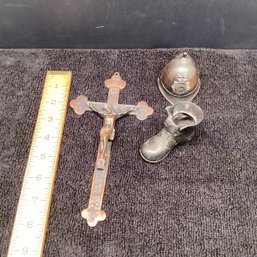 Metal Lot With Crucifix, Pewter Shoe, WWI Helmet