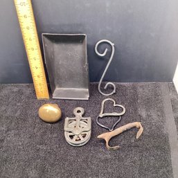 Another Metal Lot (5 Pc), Solid Brass Doorknob, Pulley, Hand Forged Hearts, Etc.