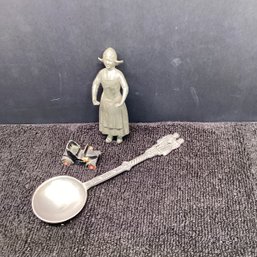 Vintage Solid Pewter Woman Figurine, Pewter Spoon And Metal Car
