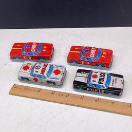 4 Smaller Vintage Tin Litho Cars, Police, Fire, Etc. Great Condition