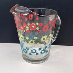 Vintage MCM Glass Water Pitcher, Flower Starbursts