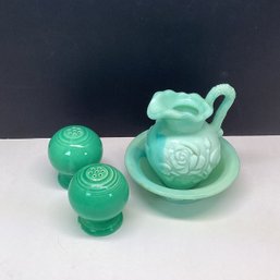 MCM Green Lot, Avon Slag Glass Mini Pitcher And Basin, Fiesta Ceramic Salt And Pepper