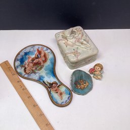 Vintage Cherub Themed Lot, Heavy Resin Box, Mirror, Pins