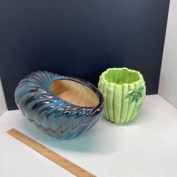 2 Vintage Pottery Planters, Unmarked Large Blue Shell, Japan Charteuse Bamboo