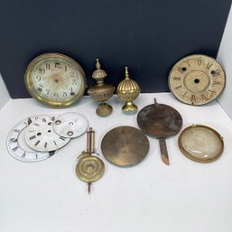 Antique Clock Parts Lot, Clock Faces, Pendulums, Brass Finials, Etc