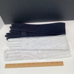 2 Pair New Stock Antique Fancy Long Womens Gloves, Navy, White, Over Elbow