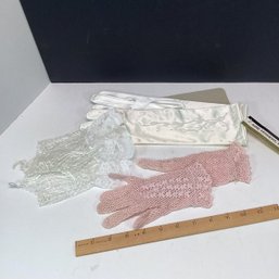 3 Pairs Antique Womens Fancy Gloves, Satin, Lace, Crochet