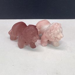 Pair Of Carved Stone Lion Statues, Genuine Pink Opal And Strawberry Quartz