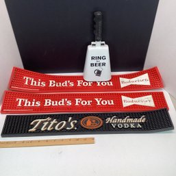 Vintage Barware Lot, Bar Mats, Large Novelty Bell, Budweiser, Titos, Etc.