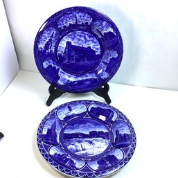 2 Blue/white Rowland & Marcellus Souvenir Charger Plates, Detroit, Spokane