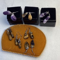 Collection Of Pierced Dangle Earrings, Tigers Eye And Amethyst
