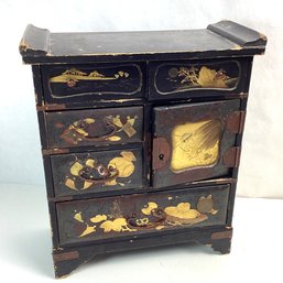 Antique Black Lacquer Asian Jewelry Box, Hand Painted, Wood