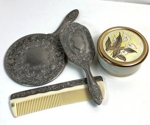 Vintage Dresser Vanity Set, Mirror, Brush, Comb And Extra Porcelain Box