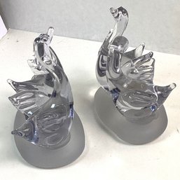 Vintage Crystal Swans Bookends, Unknown Maker, Heavy