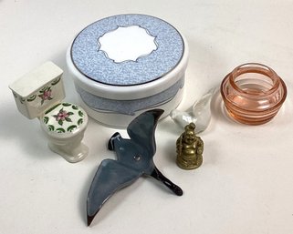 Vintage Decorative Small Items, Wedgwood Covered Box, Dep. Glass, Doll House, Etc.
