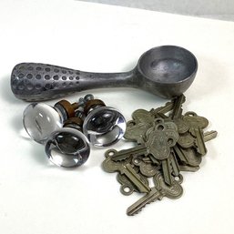 Vintage Metals And Glass Lot, High End Drawer Knobs, Collectible Scoop, Brass Keys