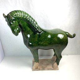 Very Large Hand Made Ceramic Horse Sculpture, Stunning Green, 18 Inches Tall