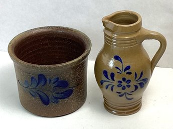 2 Stoneware Pieces, Blue, One Salt Glazed