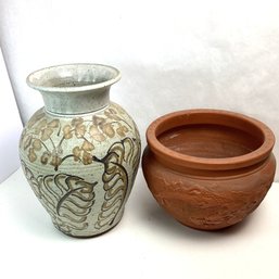 2 Large Vintage Pottery Vessels, Dragon Planter, Stoneware Vase