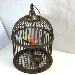 Large, Vintage Hanging Birdcage, Solid Heavy Brass, Fake Birds, Decorative Only