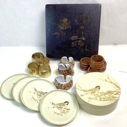 Vintage Asian Style Decorative Lot, Birds, Box, Napkin Rings, Coasters
