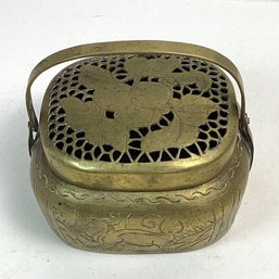 Vintage Lidded Brass Box With Handle, Chinese