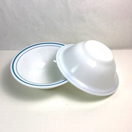 2 Vintage Pyrex Corning Ware Glass Serving Bowls, Blue Stripes
