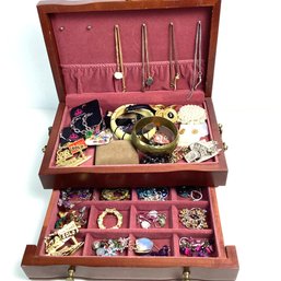 Vintage Costume Jewelry In Wooden Box, Big Lot, See Pics
