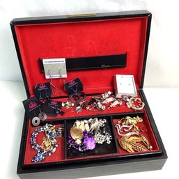 Vintage Costume Jewelry In Faux Leather Box, Big Lot, See Pics