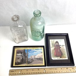 Antique Willimantic, CT Lot, Framed Post Cards, Glass Bottles