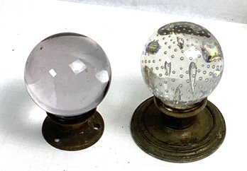 Antique Pair Of Solid Glass Globe Large Finials, Controlled Bubbles, Etc.