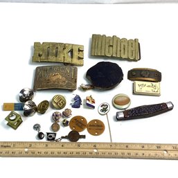 Vintage Smalls Lot, Brass Belt Buckles, Pocket Knife, Etc.