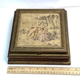 Antique Tapestry Covered Wooden Box, Hinged, Jewelry Box, Glass Bottom Lined