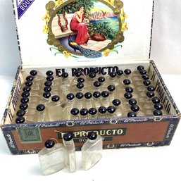 Cigar Box Filled With Antique Tiny Bottles With Black Glass Stoppers, 59 Total