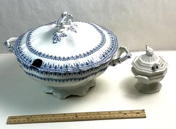 Antique Porcelain Soup Tureen And Ironstone Covered Condiment Pot (red Cliff)