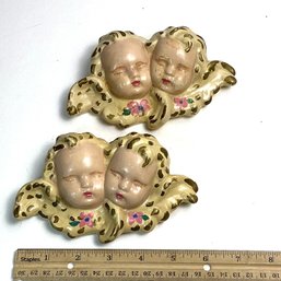 Pair MCM Chalkware Wall Hanging Cherubs, Babies