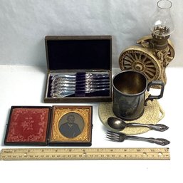 Antique Smalls Lot, Silver Plate, Pewter, Antique Photo In Leather Case, Etc.