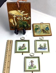 Vintage Wall Art Lot, Painted Wooden Frog Plaque, Tiny Hand Painted/framed