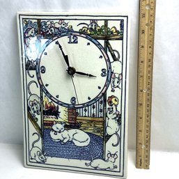 Vintage Large Tile Wall Clock, Batt. Op., Works, Cats And Mice